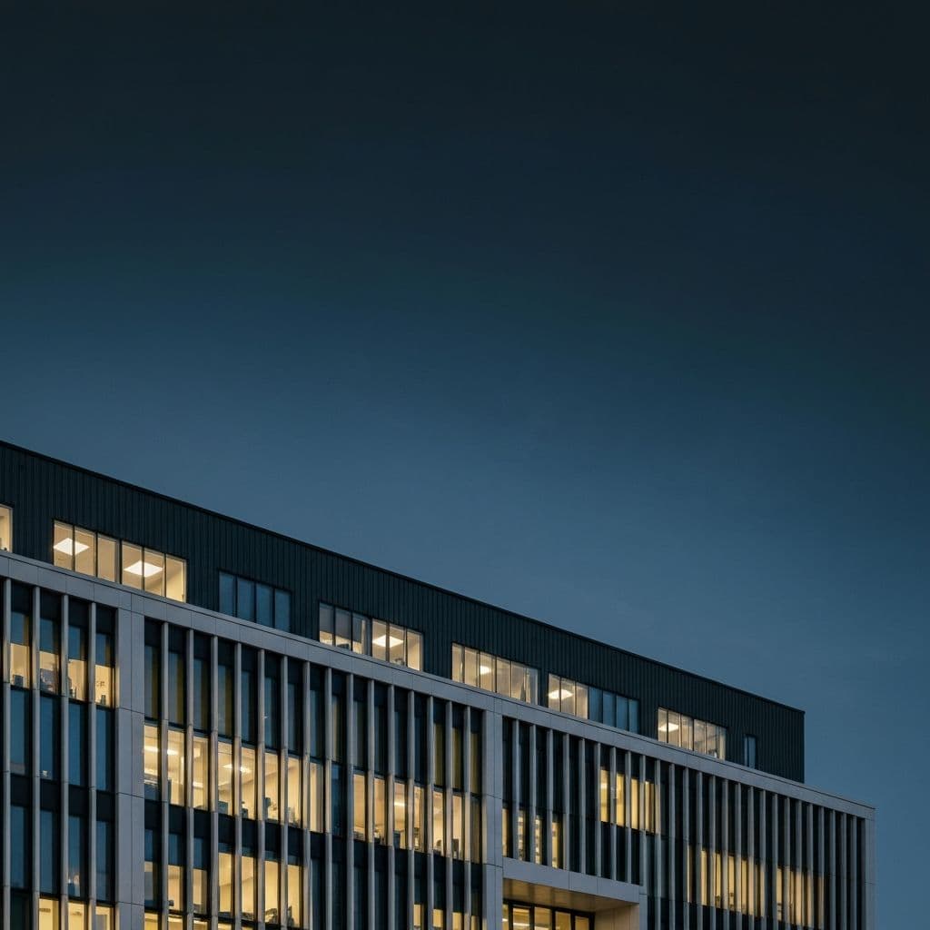 Modern nordisk kommersiell fastighet i skymning — Vinga Energy energioptimerar fastigheter som ett långsiktigt partnerskap.