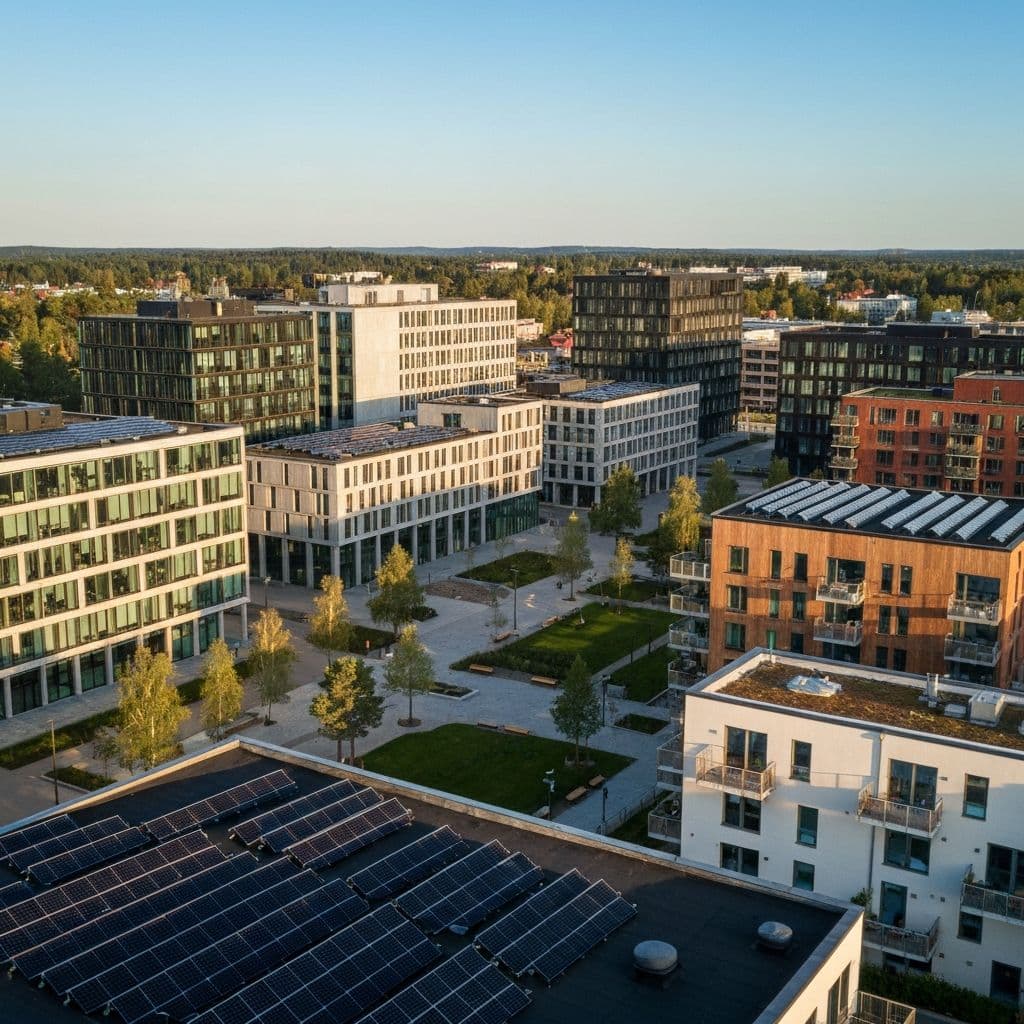 Modern nordisk fastighet i skymning med varma invändiga ljus