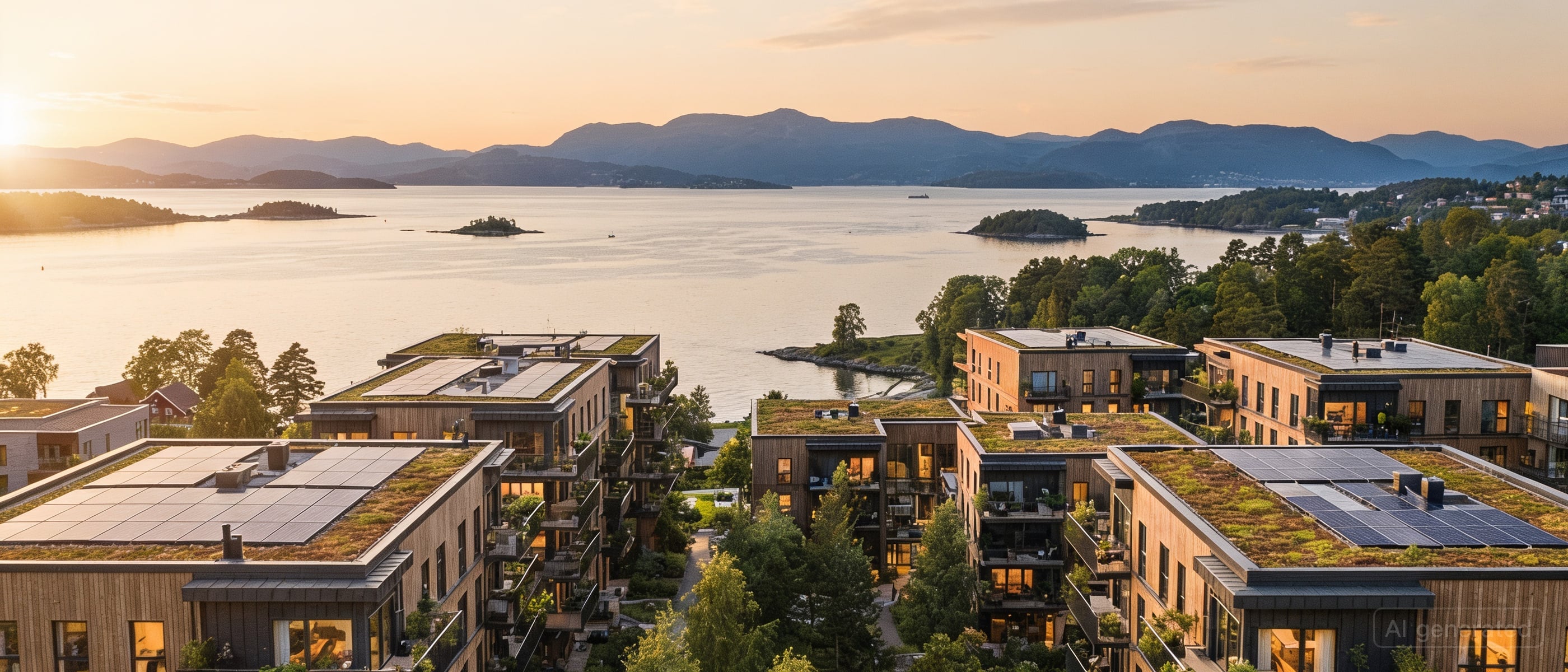 Modernt bostads- och kontorskvarter i trä och glas vid en fjord i gyllene kvällsljus, solceller och sedum på taken, öar och berg i fjärran.