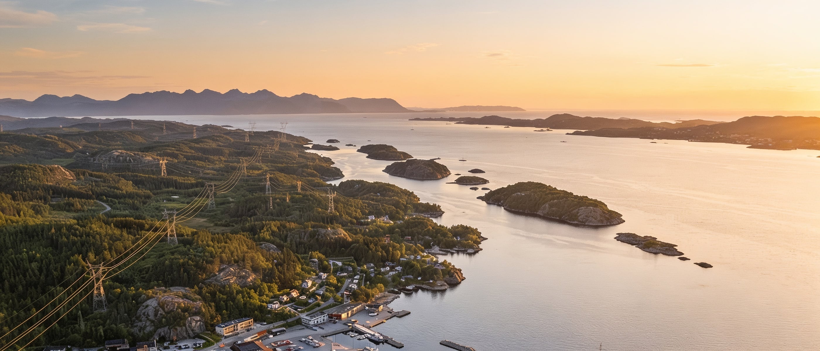 Flygbild över nordisk kust i kvällssol: fjord med öar, en liten stad med tända ljus, kraftledningar över granit och tallskog, berg i fjärran.