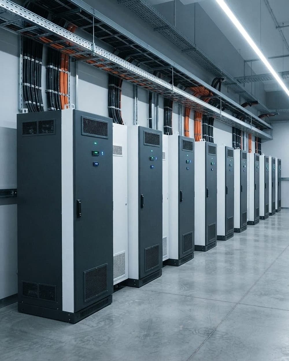 Batterirum med rad av skåp och statuslampor i kallt arbetsljus.