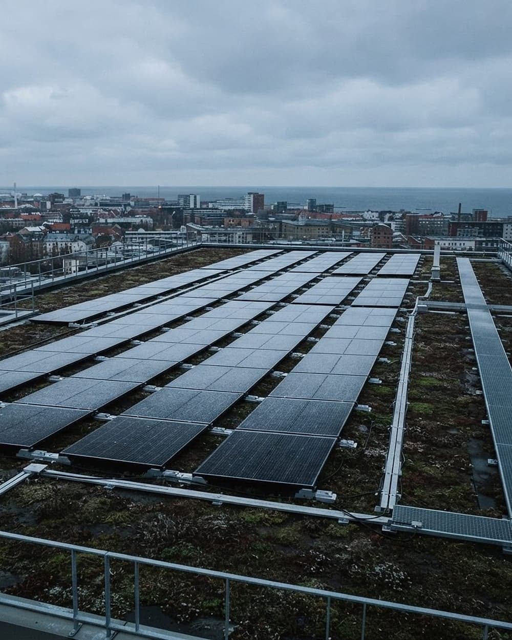 Solceller på ett sedumtak en mulen vintermorgon, staden och havet bakom.