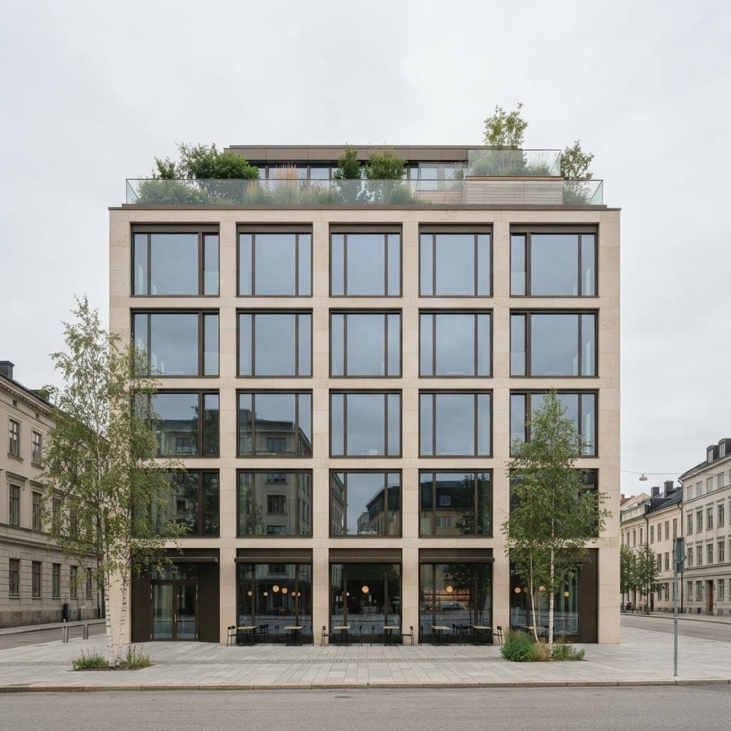 Modern kommersiell kontorsfastighet i natursten och glas med takterrass, Göteborg