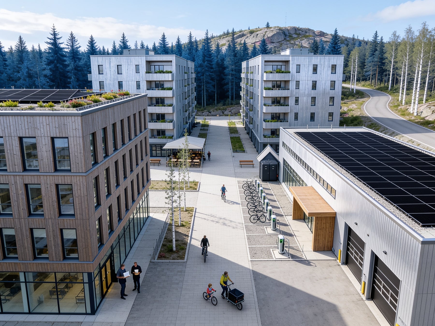 Modernt blandat verksamhetsområde i nordisk skogsmiljö: kontorshus i trä med solceller och grön takterrass till vänster, lagerhall med lastportar och ett rent fält svarta solceller på taket till höger, en gågata med björkar, café, cykelparkering, laddstolpar och batteriskåp, personal, cyklister och en förälder med barn, bostadshus med balkonger längre bort, tallskog och en granitkulle i fonden.